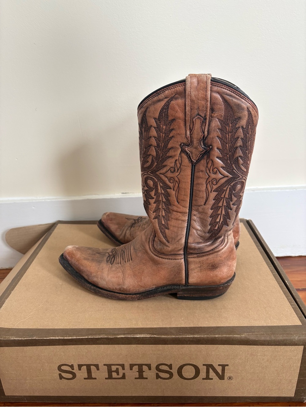 Stetson Tan Brown Embroidered Leather Cowboy Boots